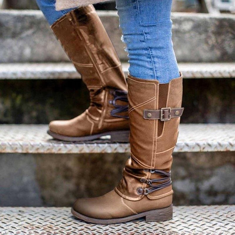 woobles Women's Vintage Leather Zipper High Snow Boots, Fashion Large Size Boots Women Autumn Long Tube Zipper Low Heeled Shoes Boots Pointed Boots Knight Boots - Image 1